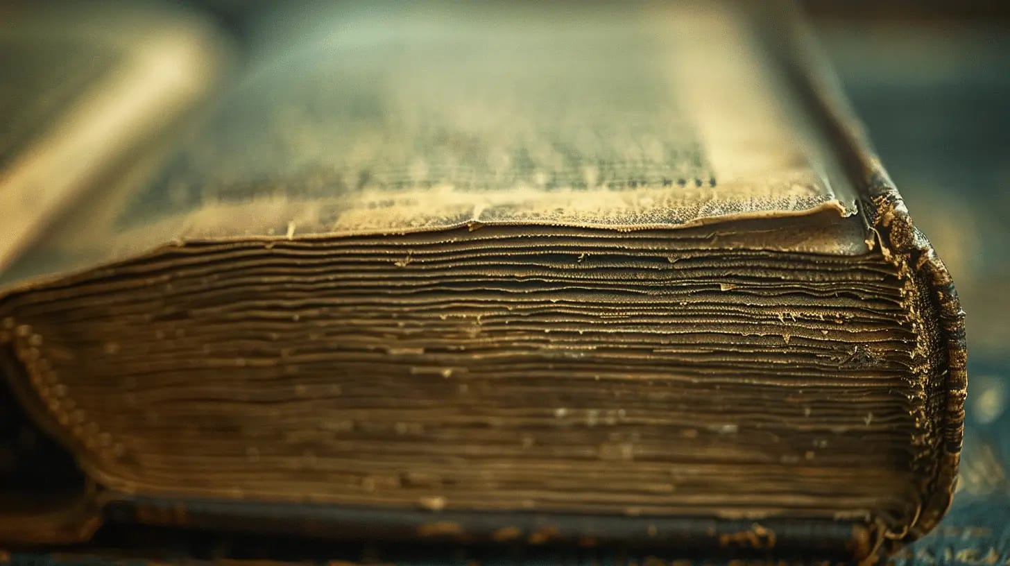Close-up of an antique book’s binding and pages, showing elegance.