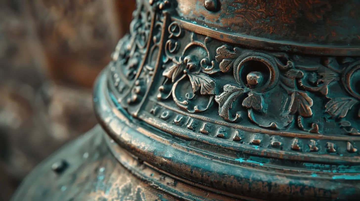 Close-up of an antique bronze bell, highlighting its craftsmanship.