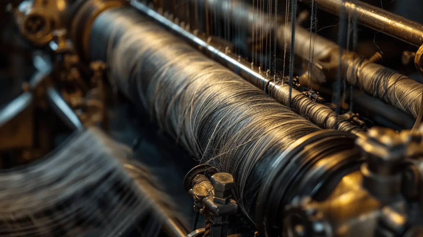Close-up of antique textile machinery with power looms.