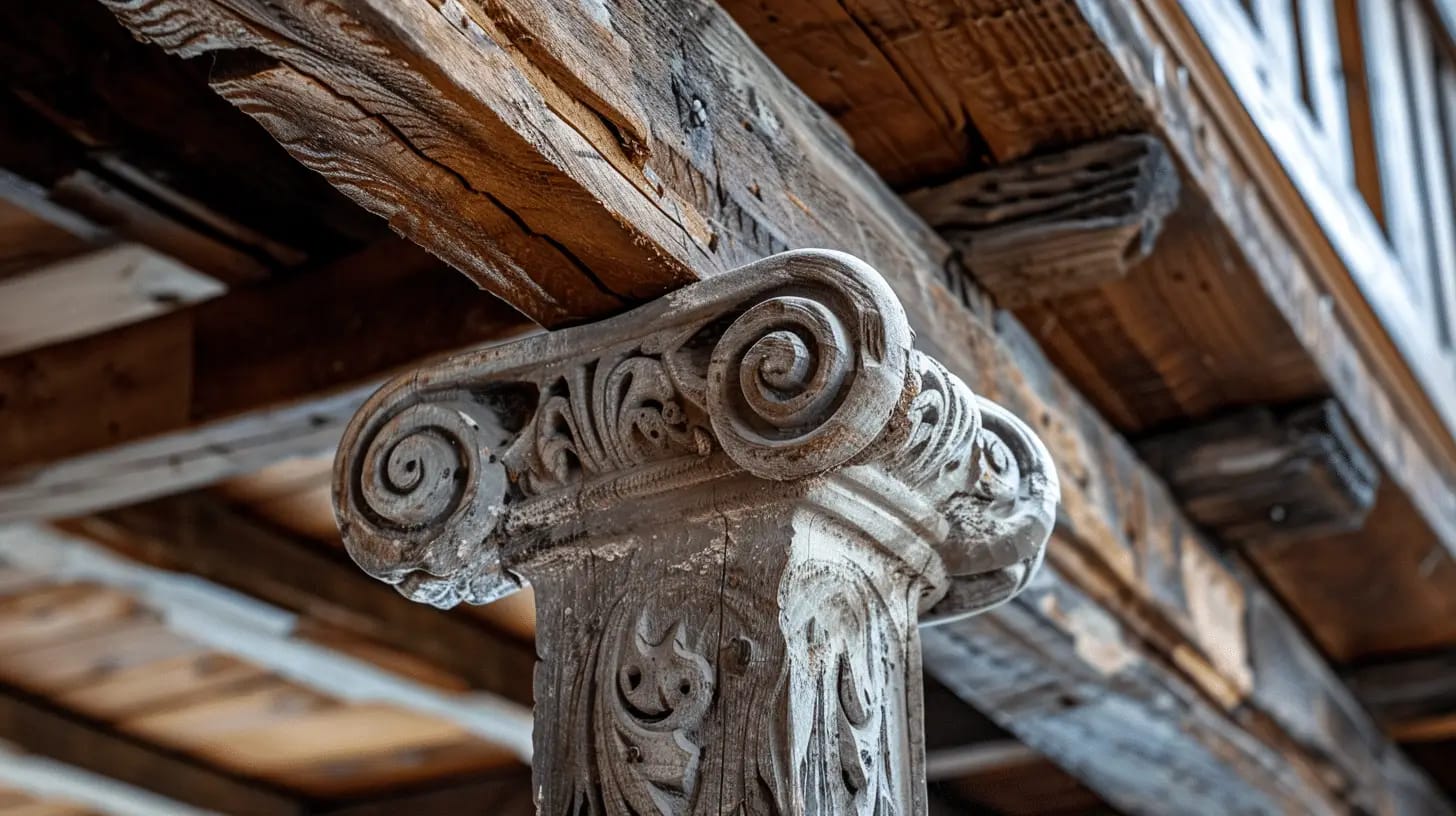 Antique timber frame with vintage architectural details.