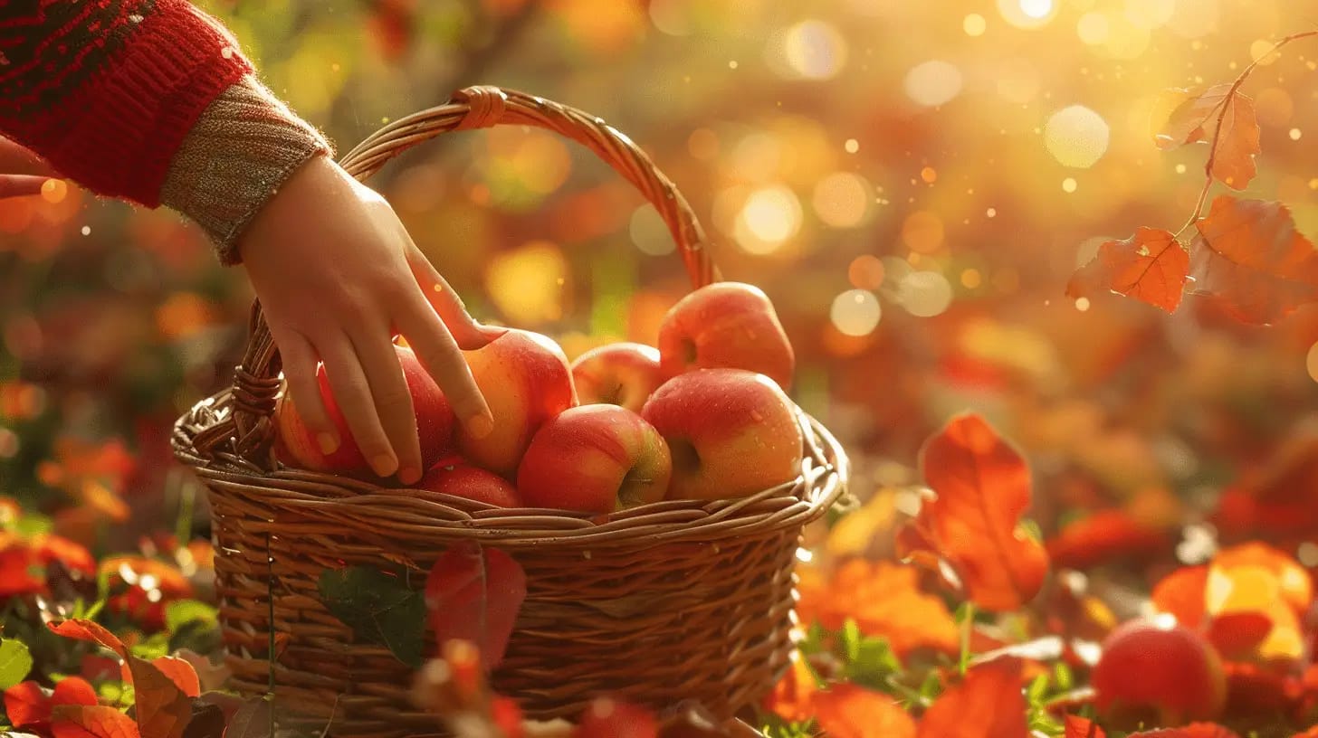 Apple picking during harvest with fall leaves.