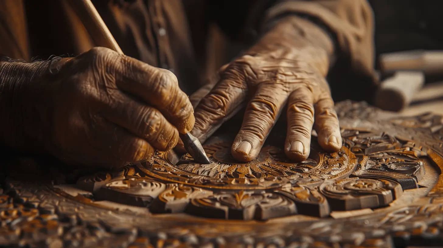 Artisan crafting intricate woodwork in a detailed close-up.