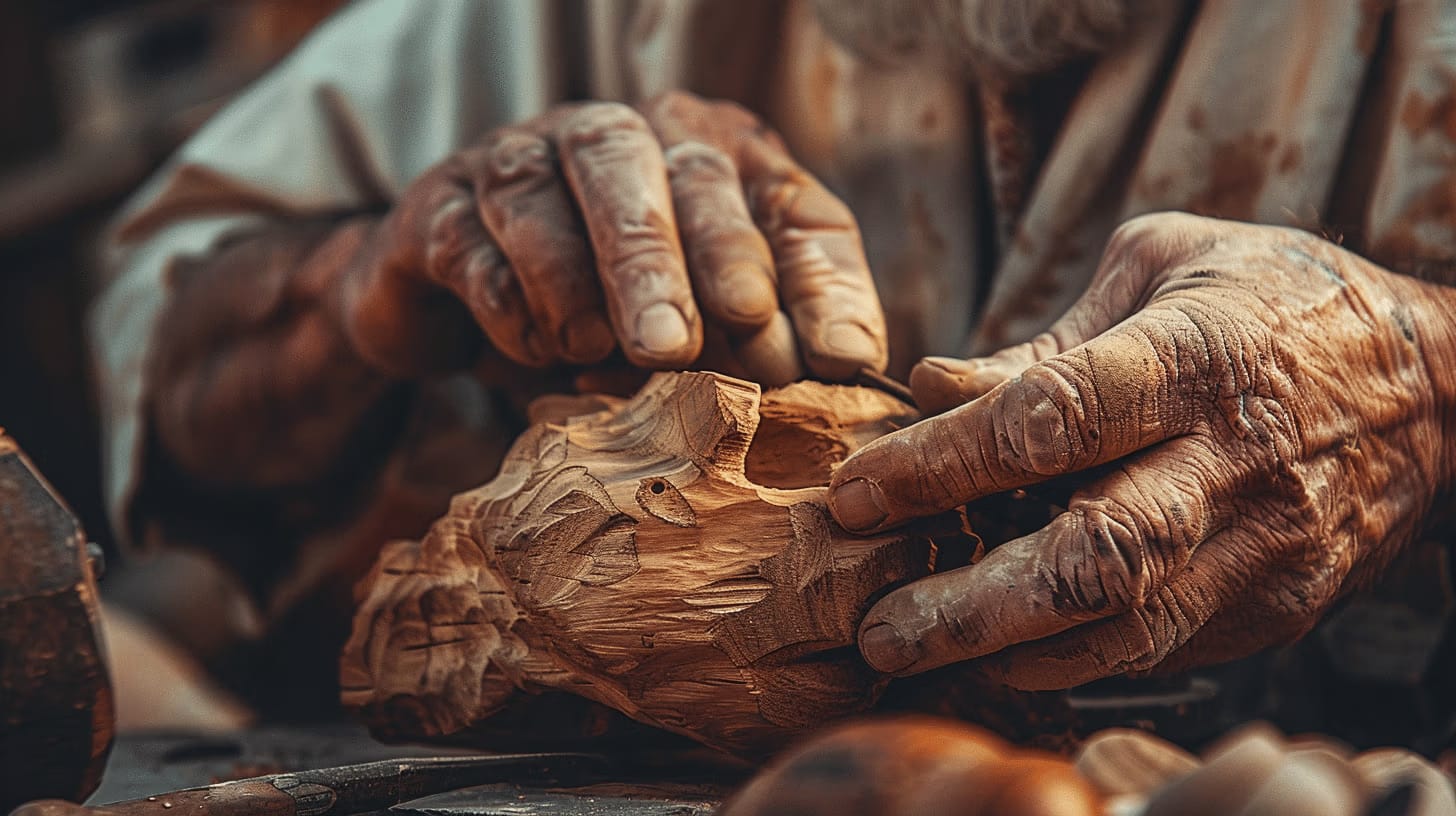 Artisan hands carving a wooden figurine.
