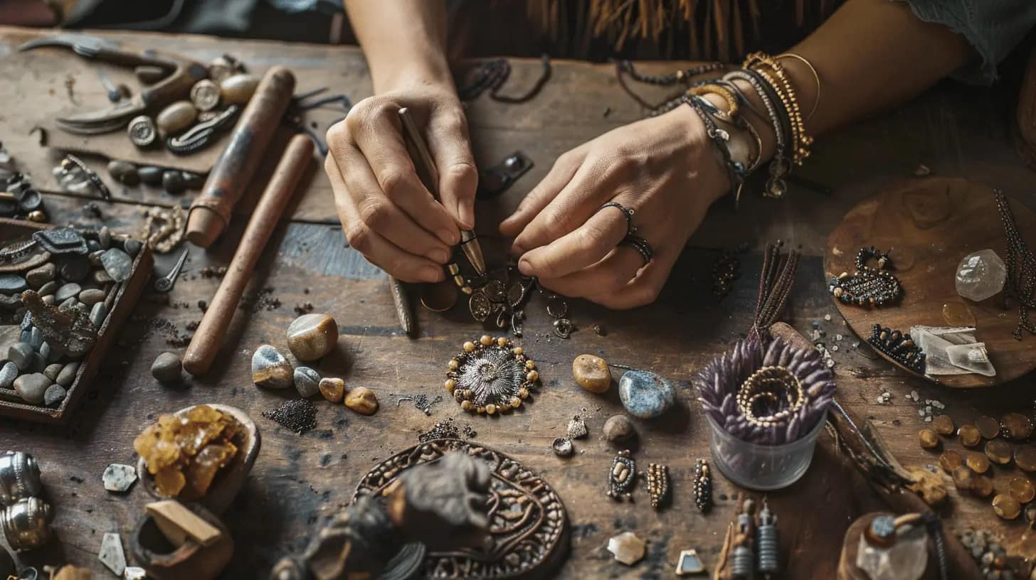 Artisan hands crafting jewelry with rustic materials.