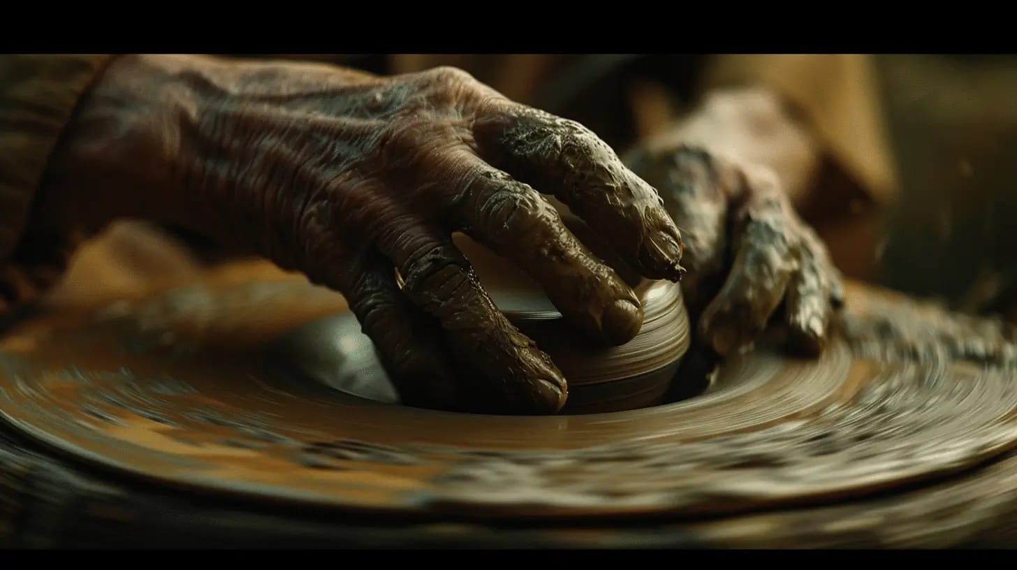 Close-up of artisan hands shaping pottery.