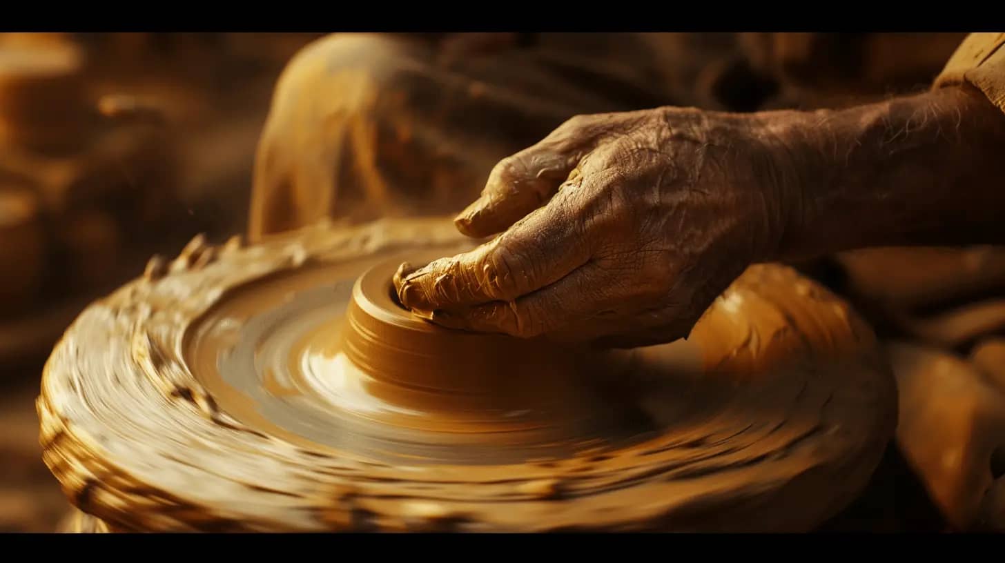 Artisan hands shaping pottery, bathed in natural light.
