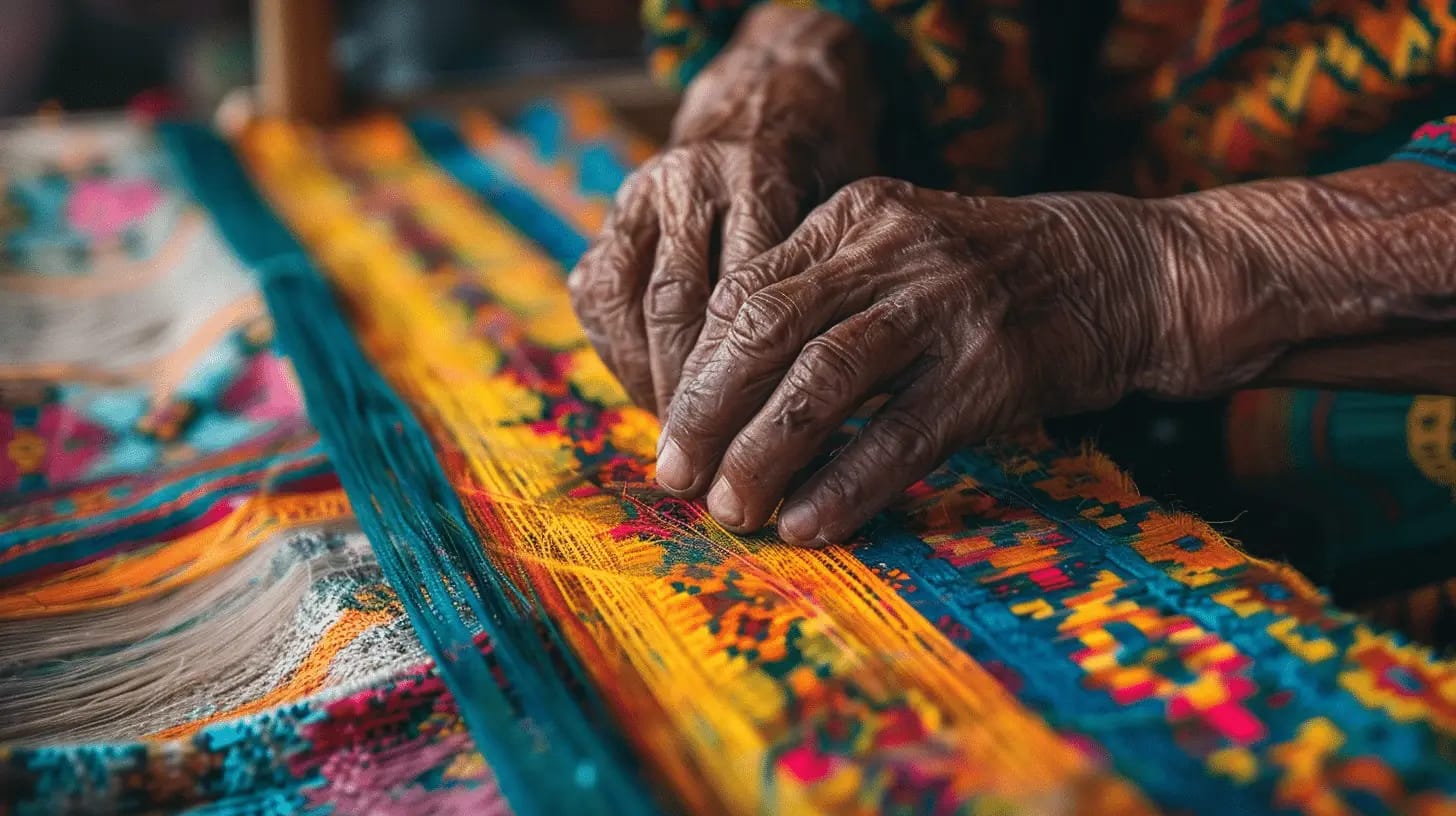 Artisan hands weaving a colorful textile.