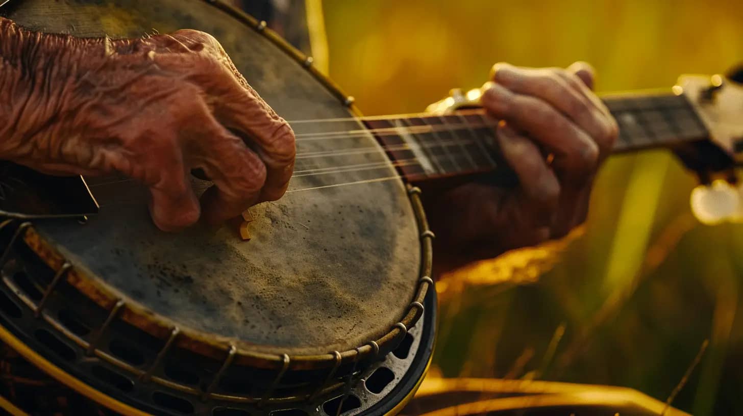 A closeup of a banjo player’s hands, captured during golden hour.
