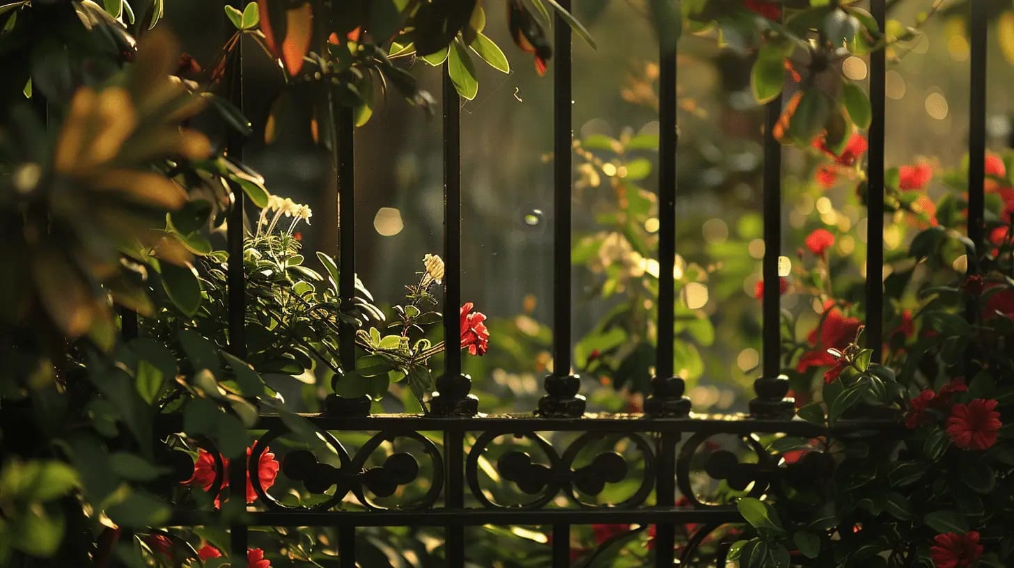 Blooming flowers next to an iron fence.