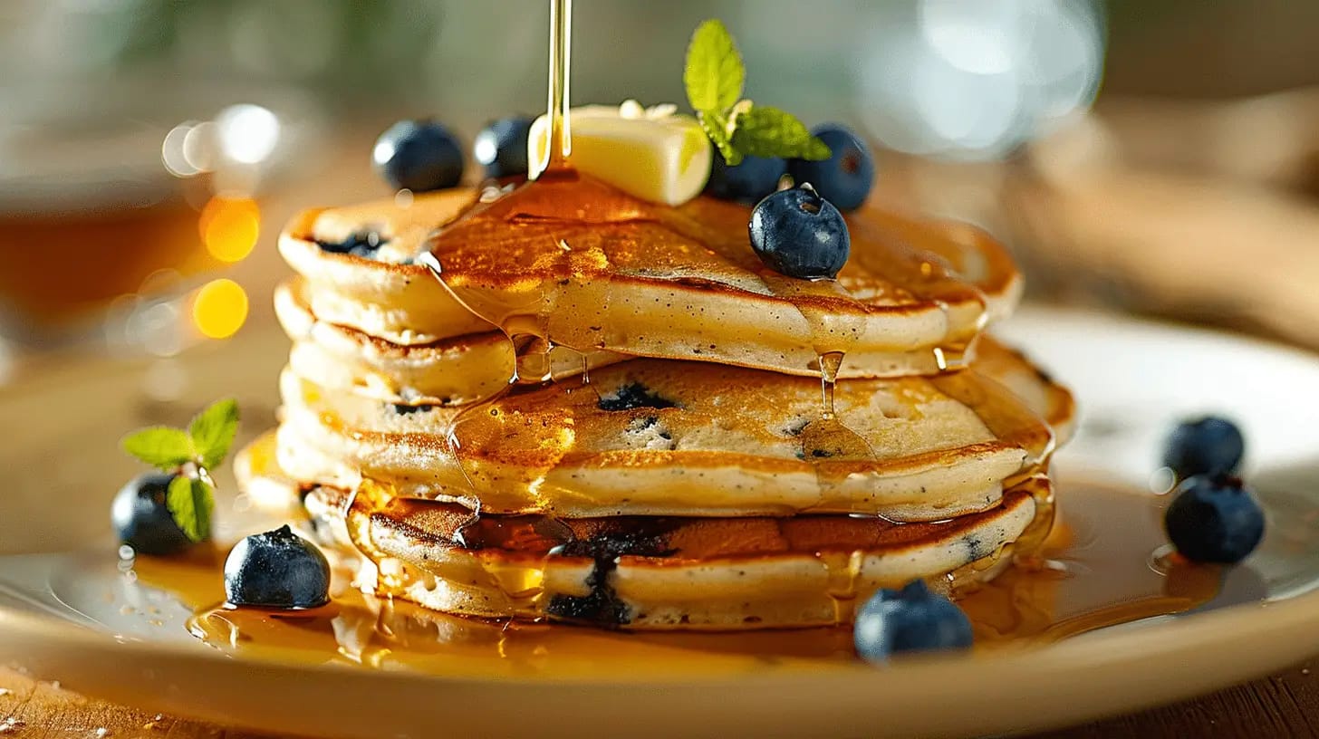 Blueberry pancakes with maple syrup and butter in the morning light.