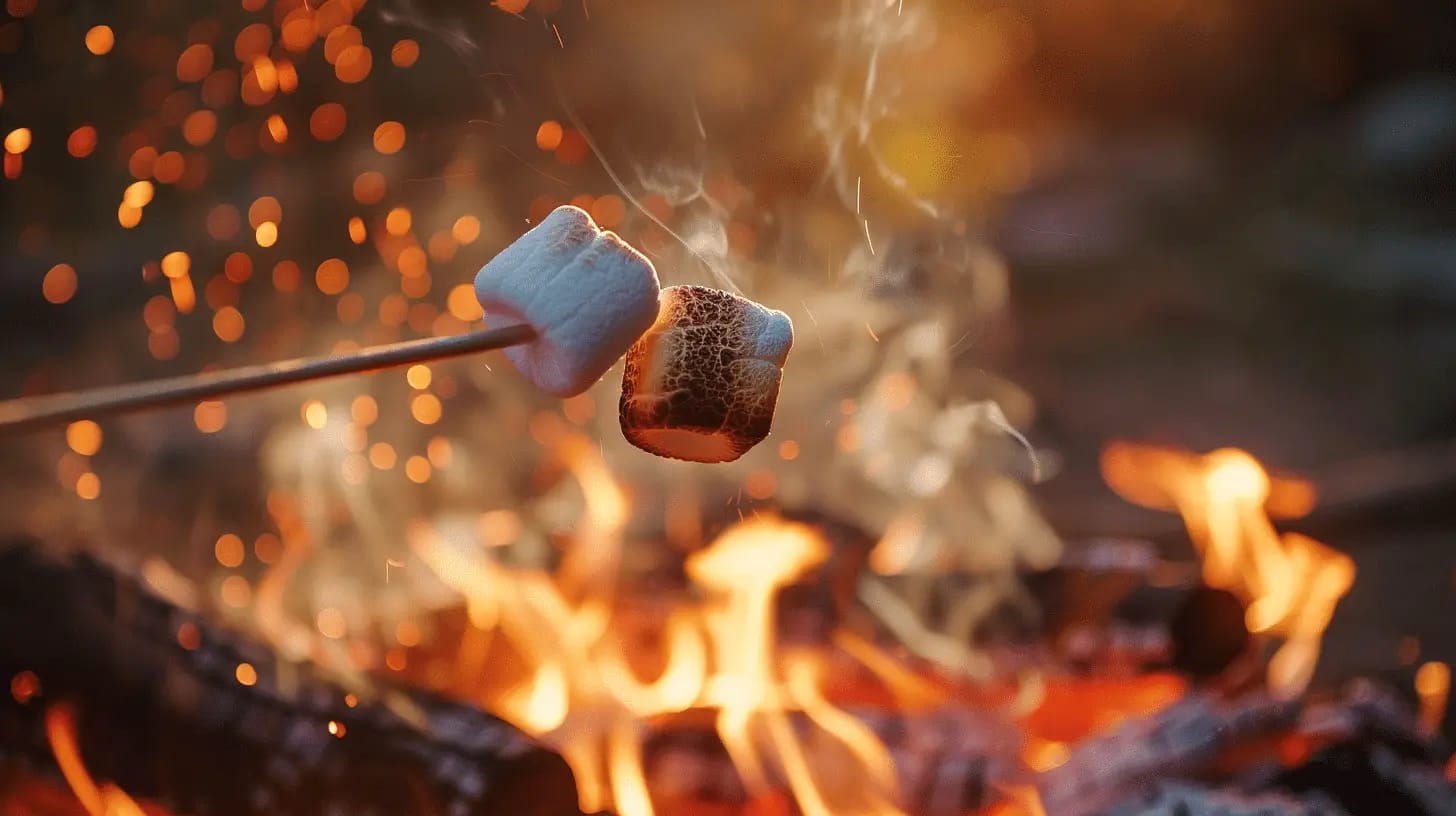 Two marshmallows, one slightly burnt, are being roasted on a skewer over a vibrant campfire with glowing embers and logs. The background is softly blurred, creating a warm and cozy atmosphere with a golden-orange glow.