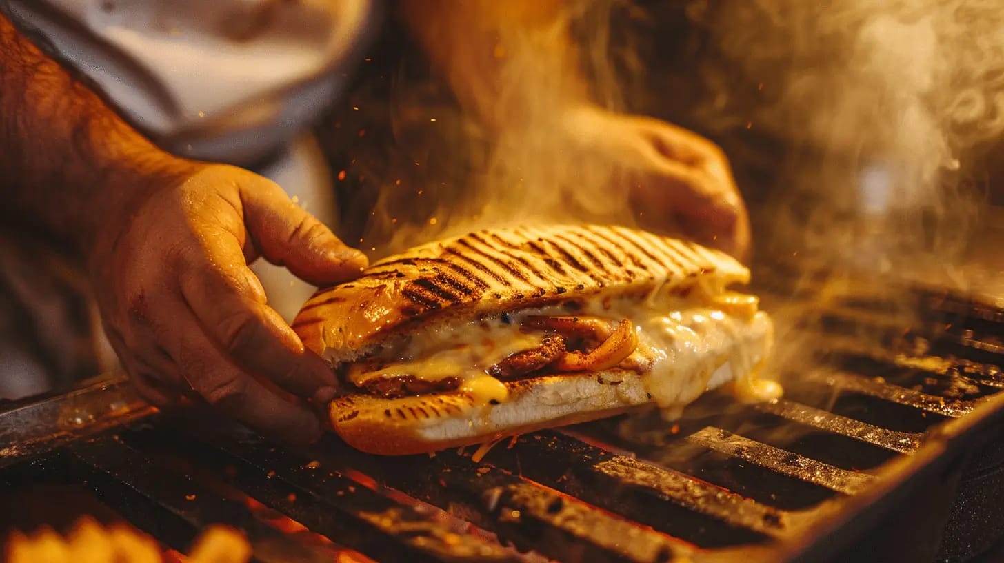 Chef preparing a Cuban sandwich on a grill, close-up.