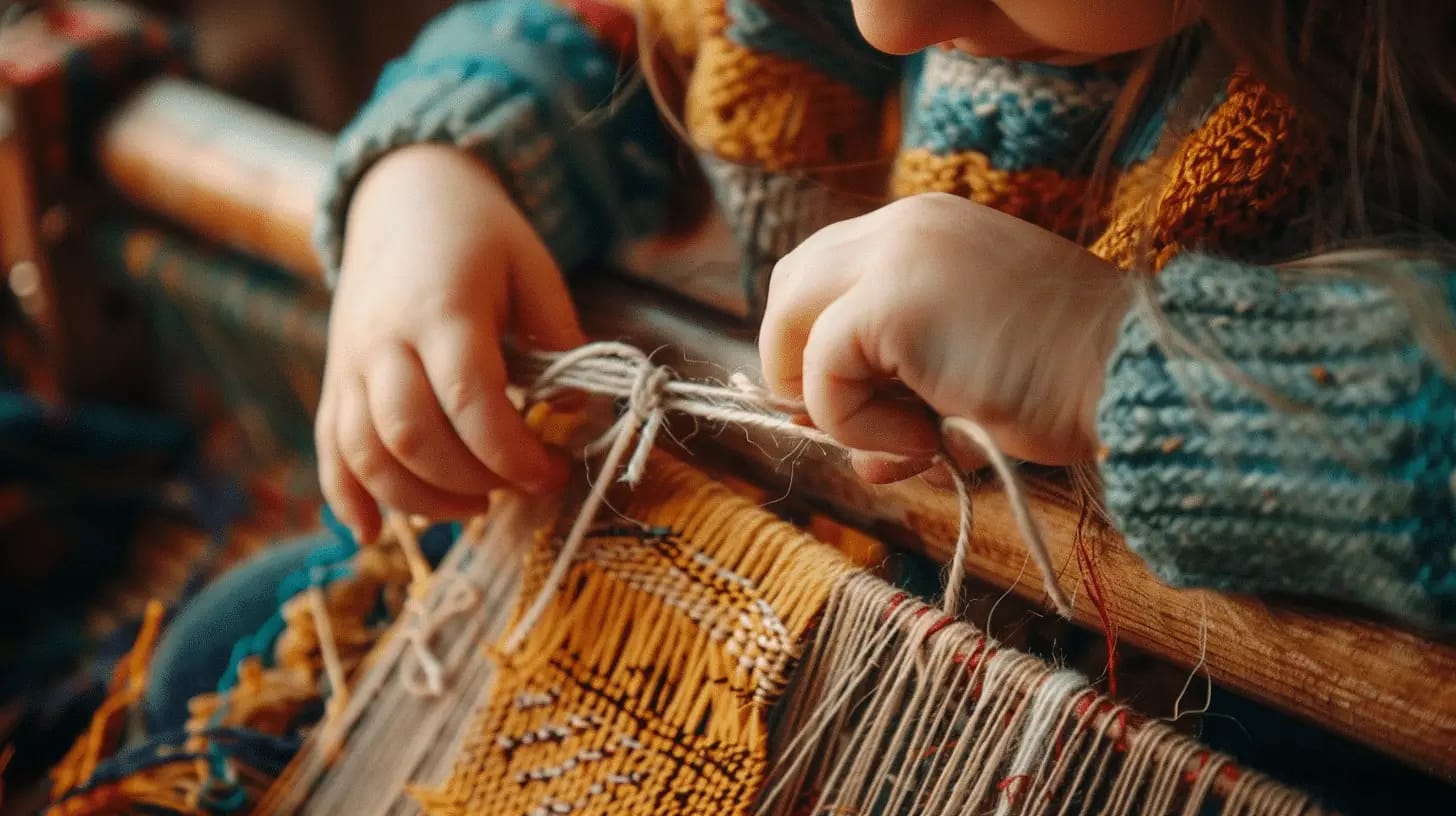 Child weaving on a loom with vibrant textures.