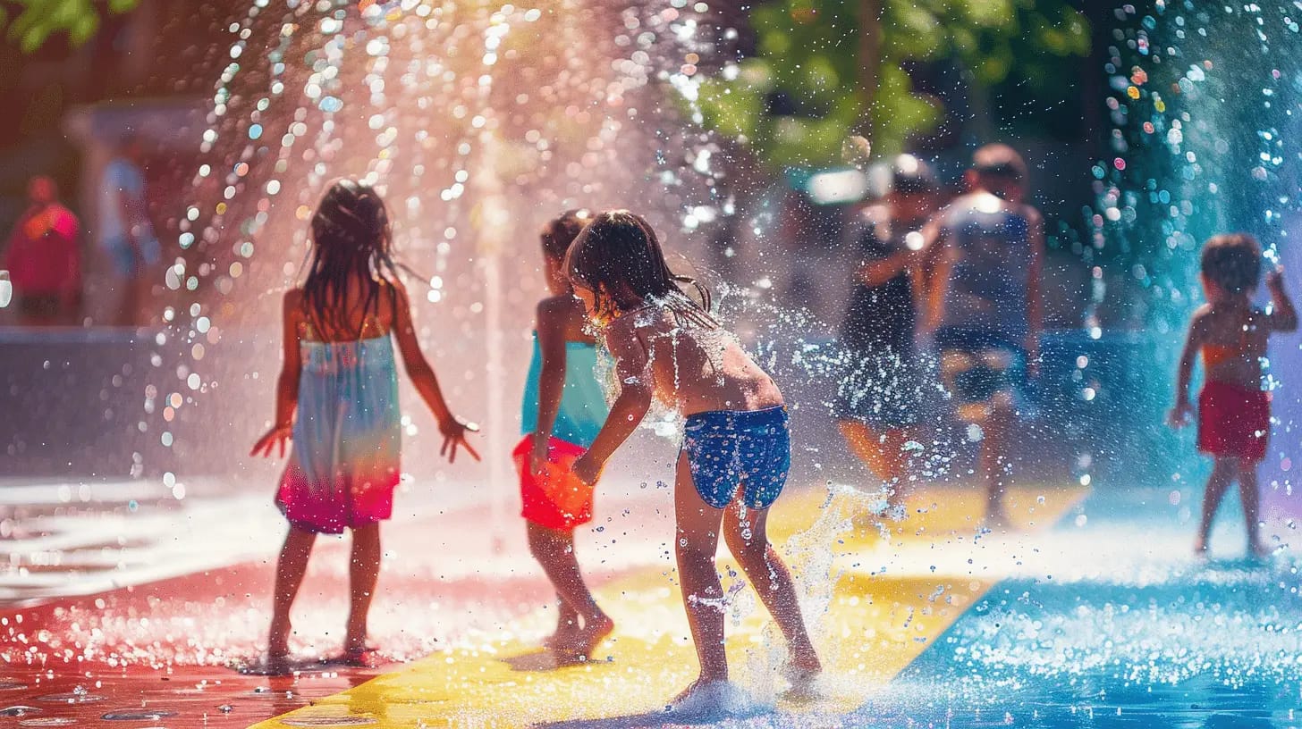 Children playing in water jets, expressing pure joy on a summer day.