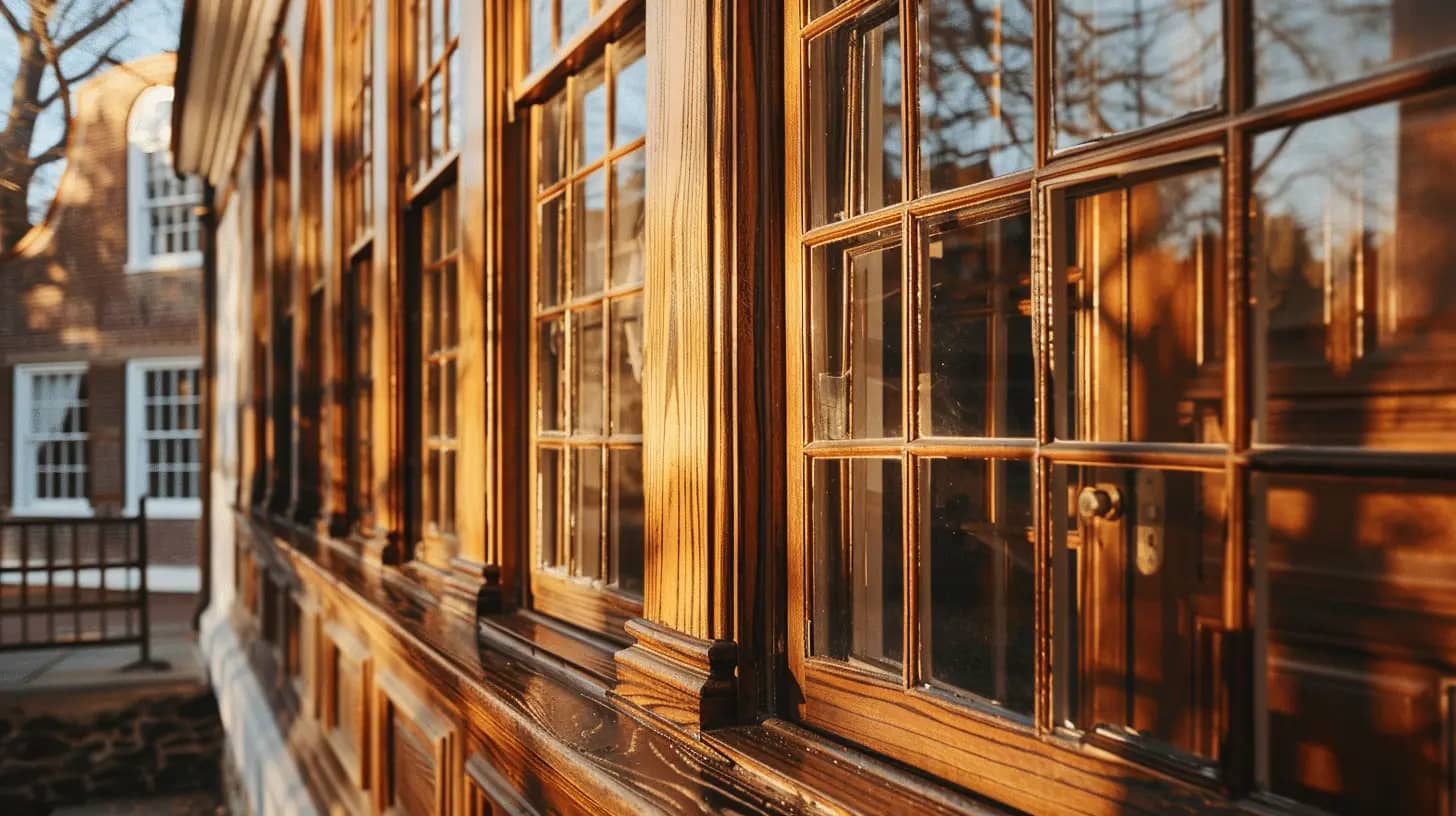 Colonial architecture with wood frames in late afternoon light.