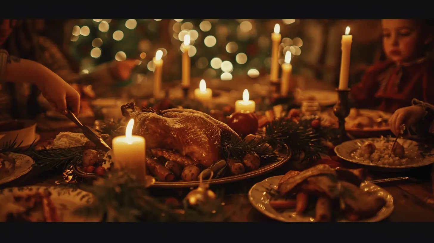 Colonial family enjoying a festive meal by candlelight near a hearth.