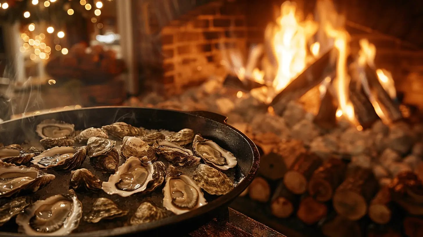 Cozy fireside oyster roast during a winter holiday.