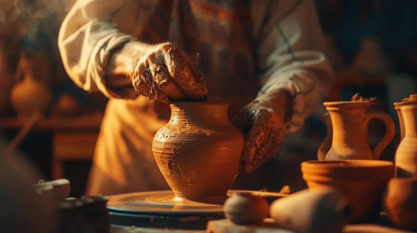 Craftsman sculpting clay on a pottery wheel.