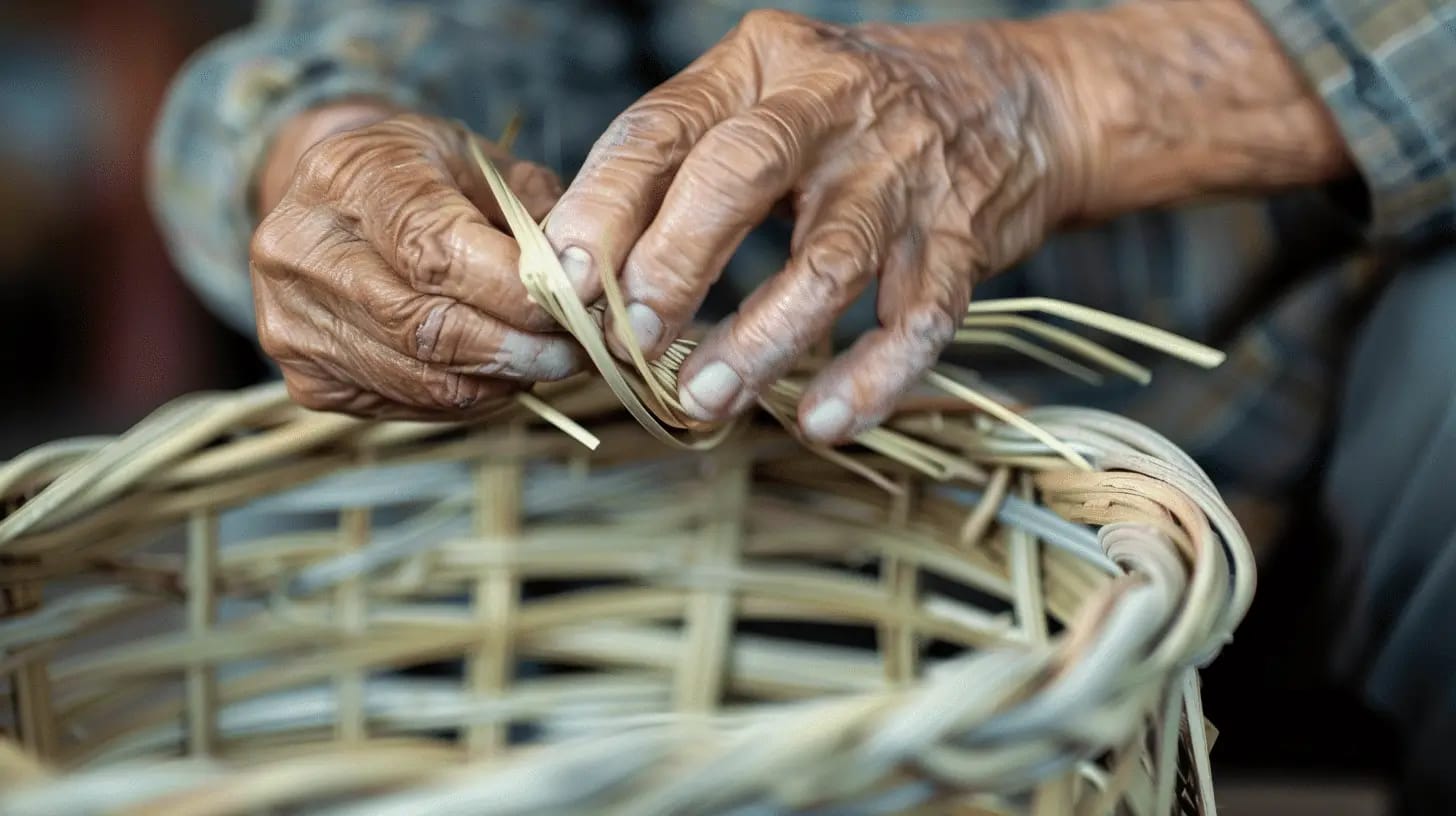 Craftsperson weaving a basket with intricate details in soft light.