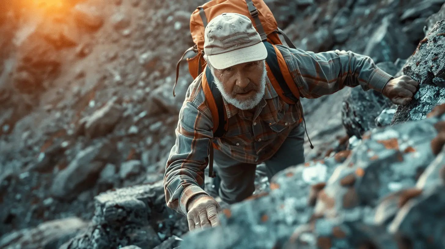 Determined hiker at sunrise, navigating rocky terrain