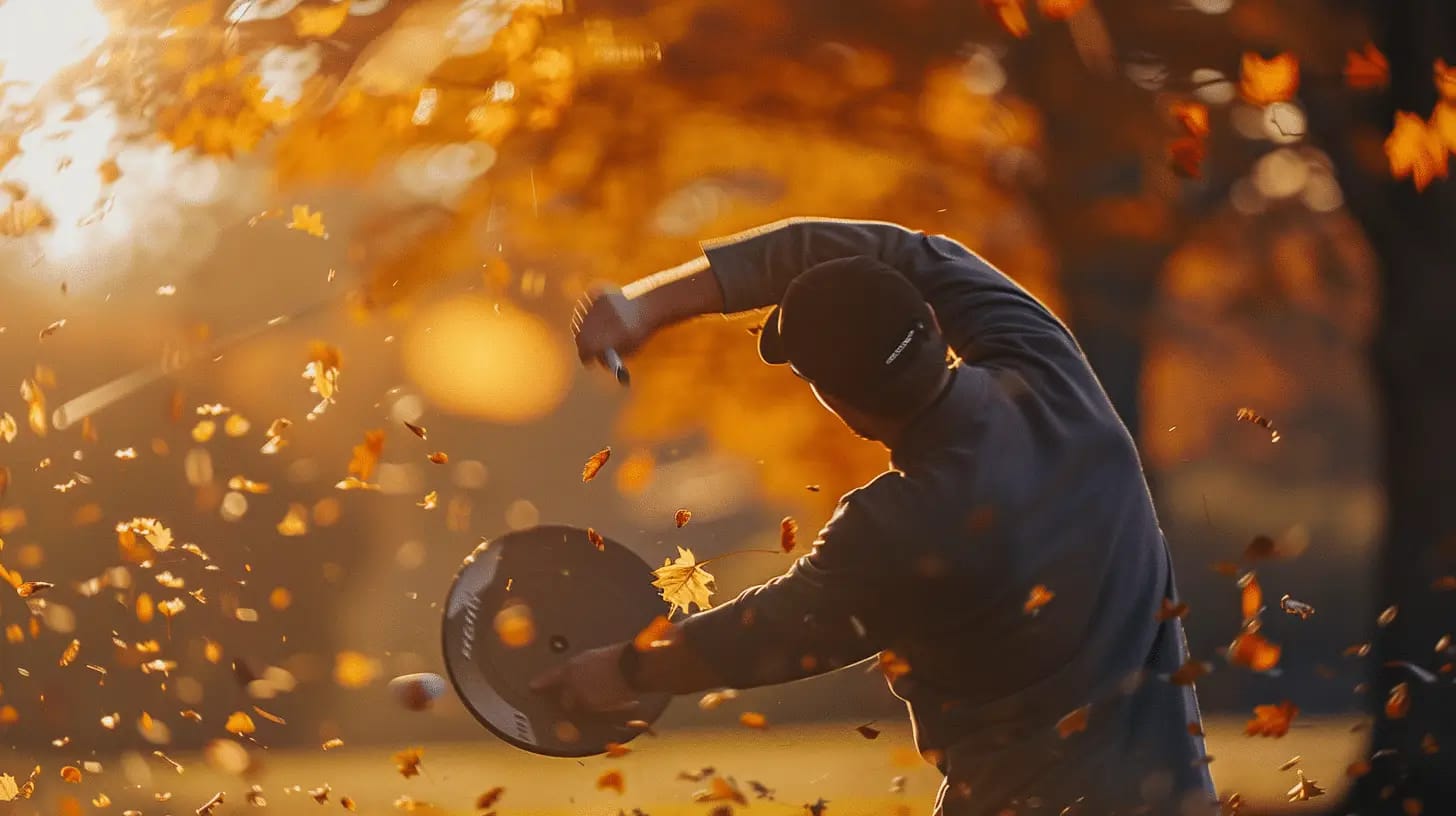 Disc golfer throwing in the crisp autumn morning light.