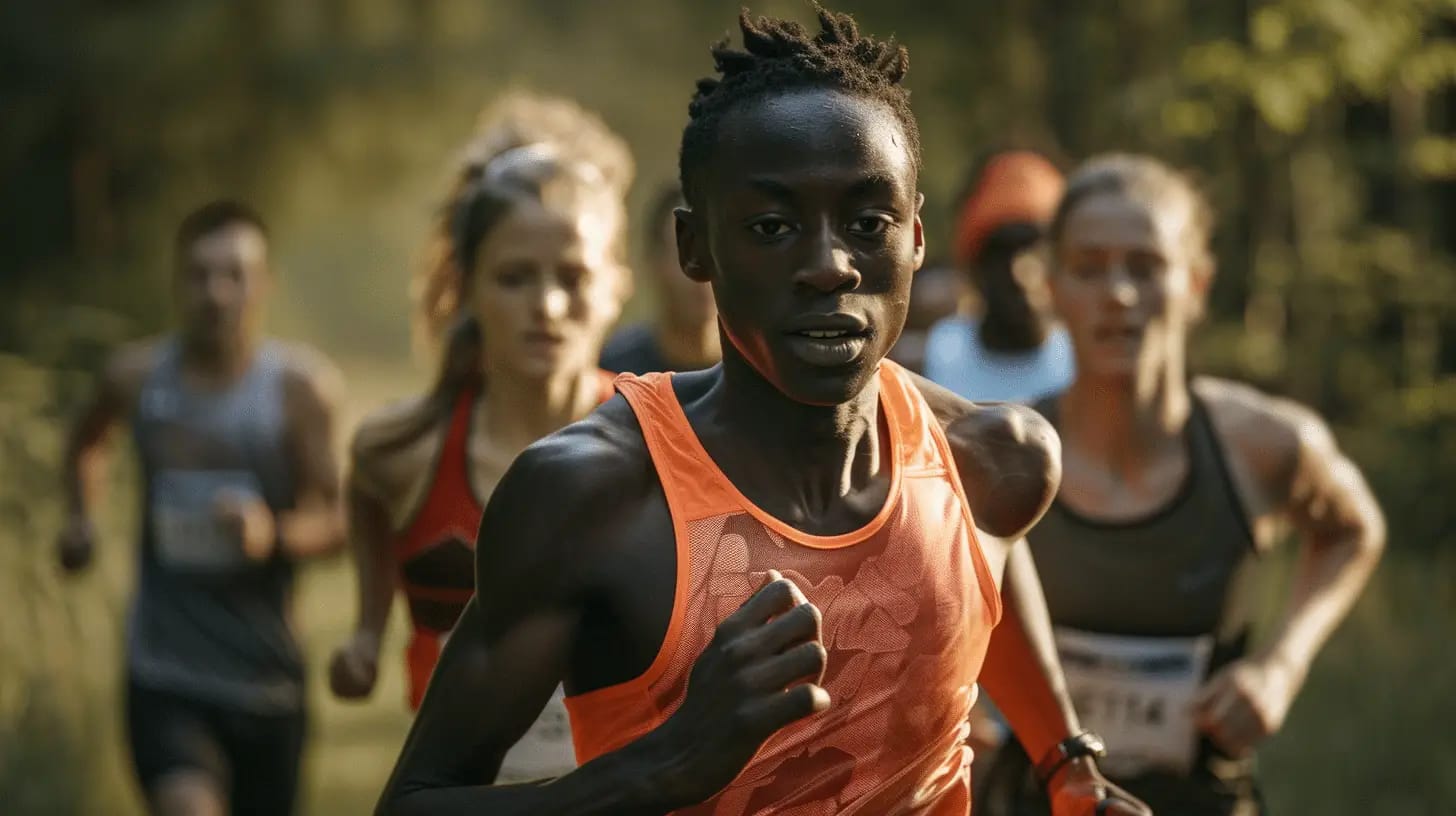 Diverse runners mid-stride with determined expressions.