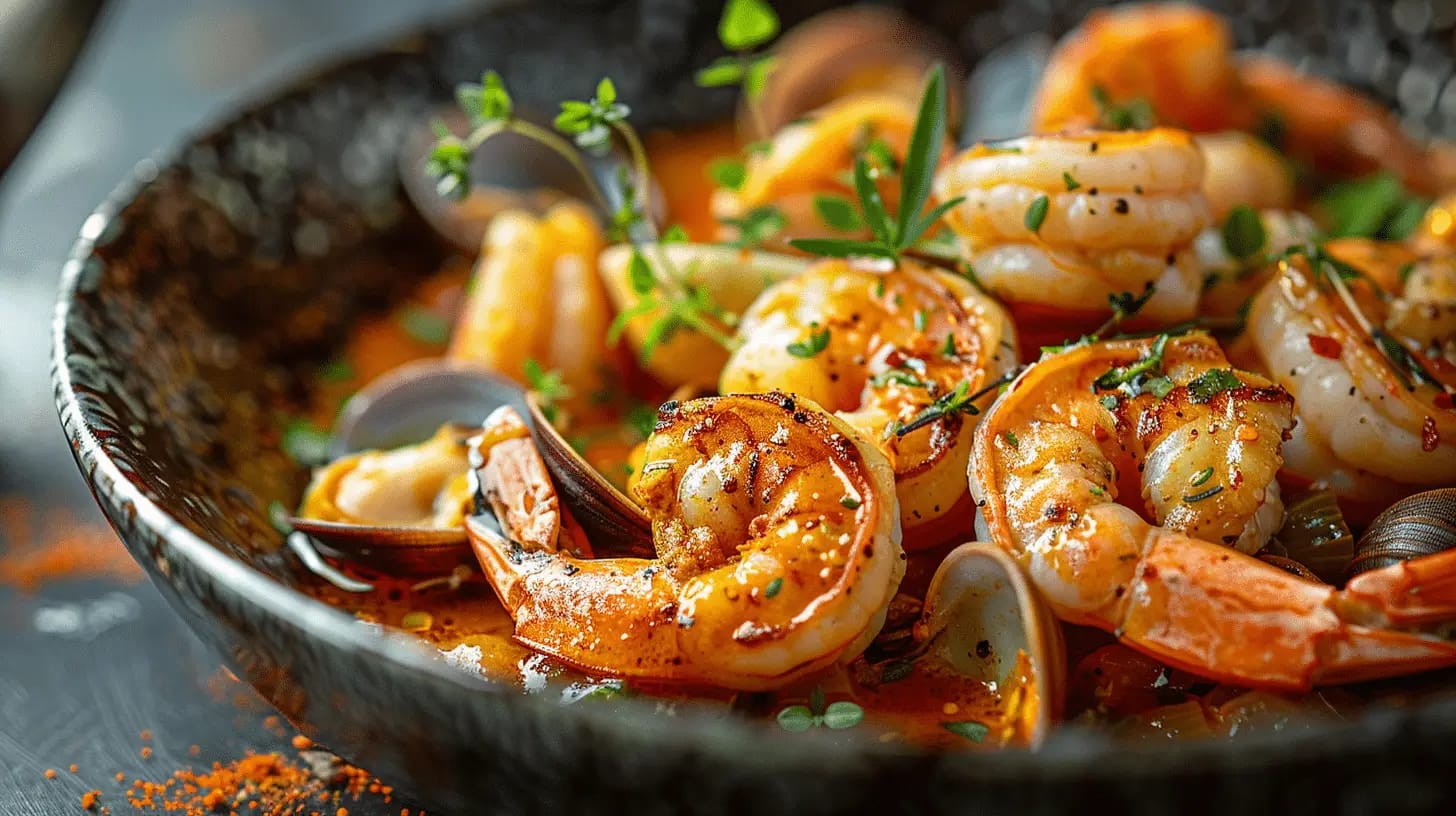 A close-up of a seafood dish featuring succulent shrimp, shellfish, and garnished with fresh herbs and spices. The vibrant colors and textures highlight the appetizing appeal of the dish, presented in a dark, rustic bowl.