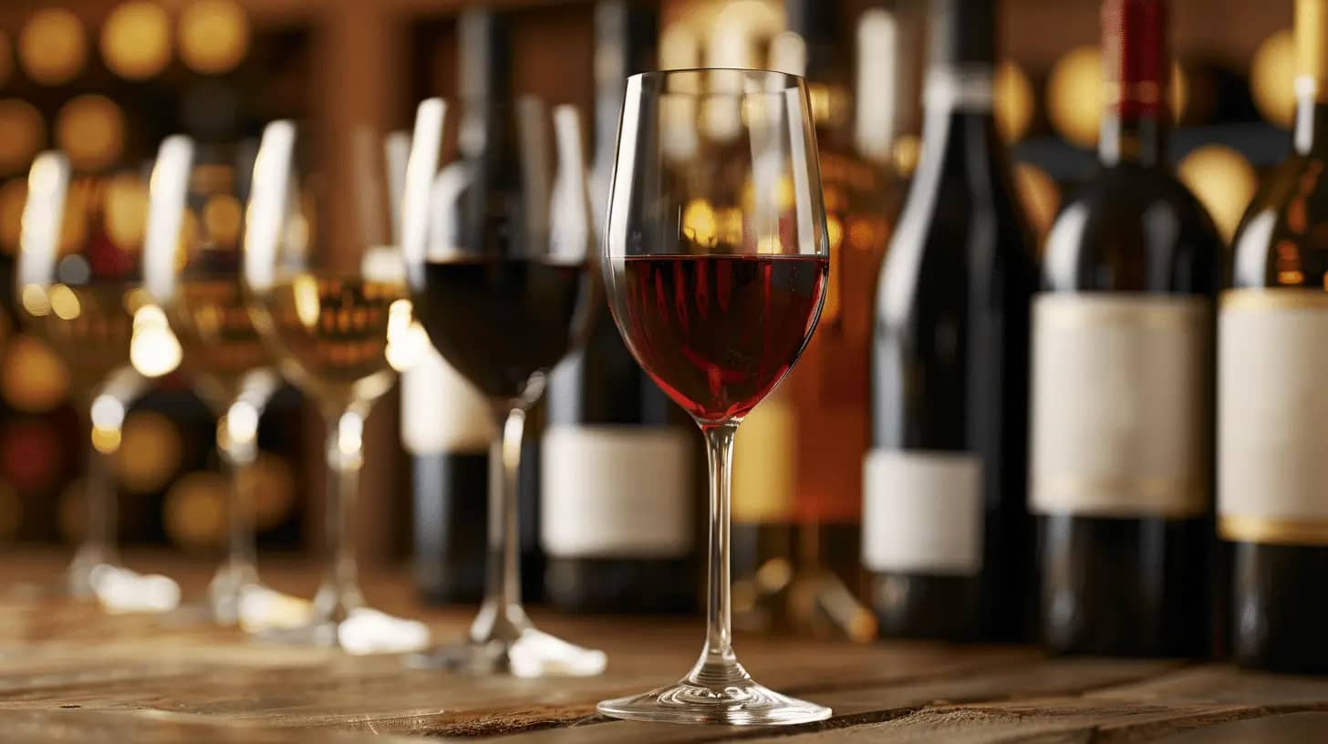 Elegant wine glasses on a wooden table with soft, ambient lighting.