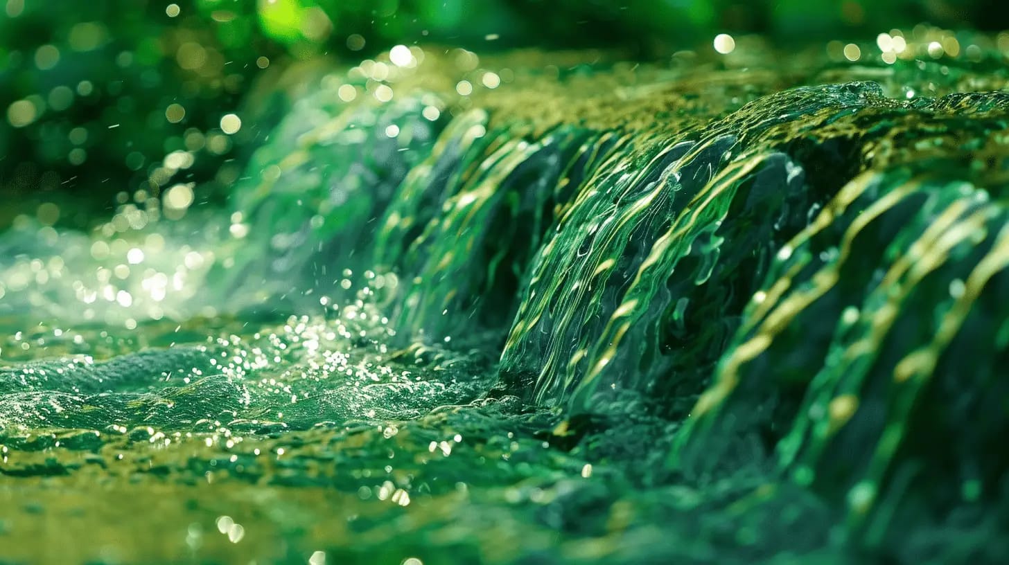 Emerald green water cascading down rocks.
