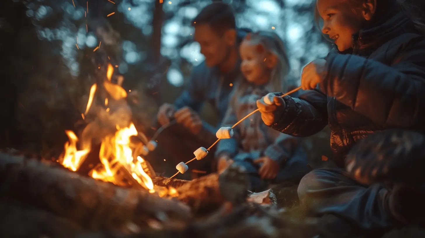 Family roasting marshmallows around a campfire, with an evening glow.