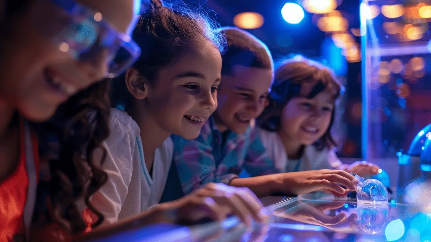 Four children are joyfully interacting with various hands-on exhibits at a science museum. They are focused and smiling as they engage with the displays under bright lights, which illuminate their excited faces.