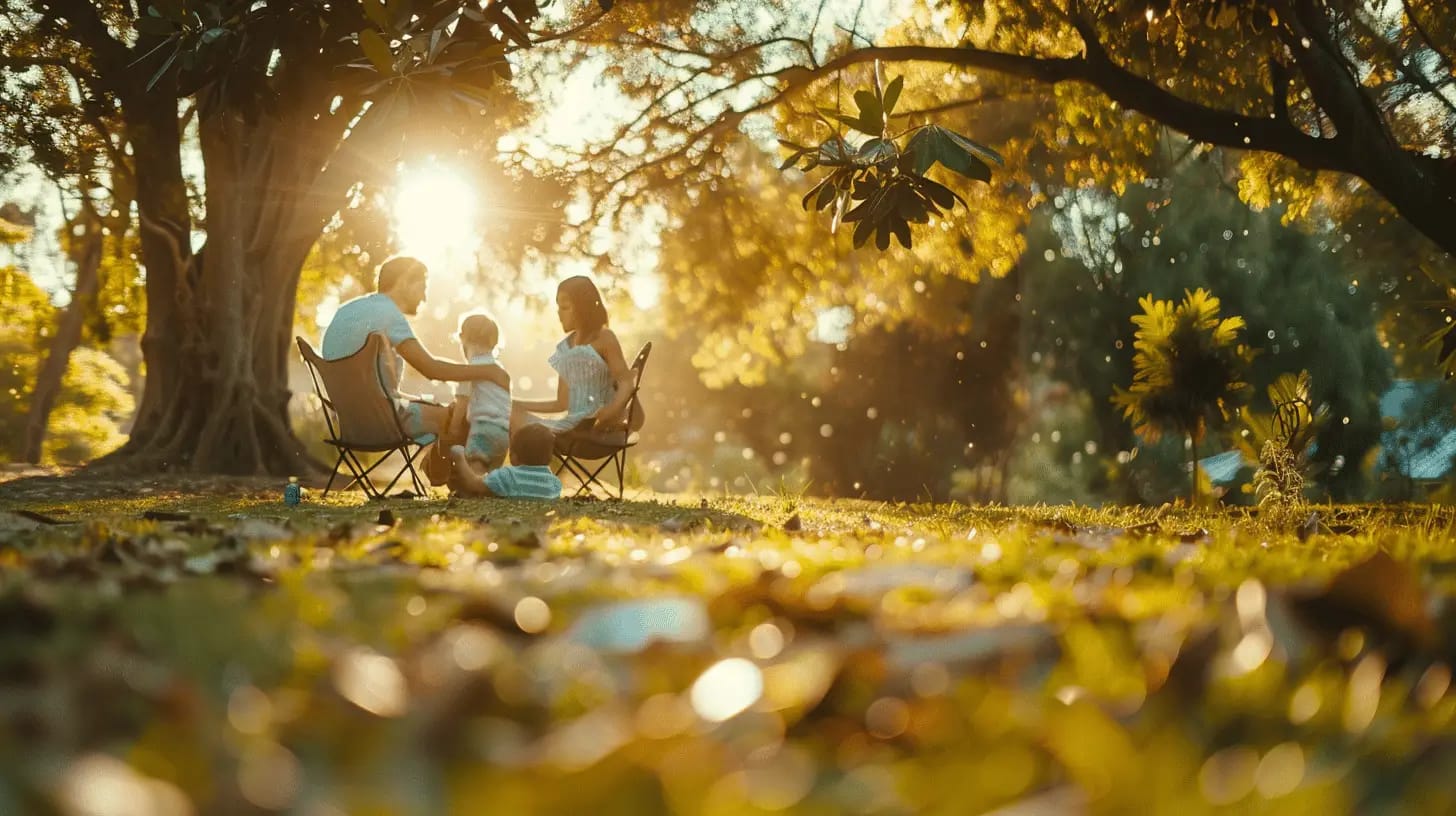 Family picnic setup under sunlight with trees.