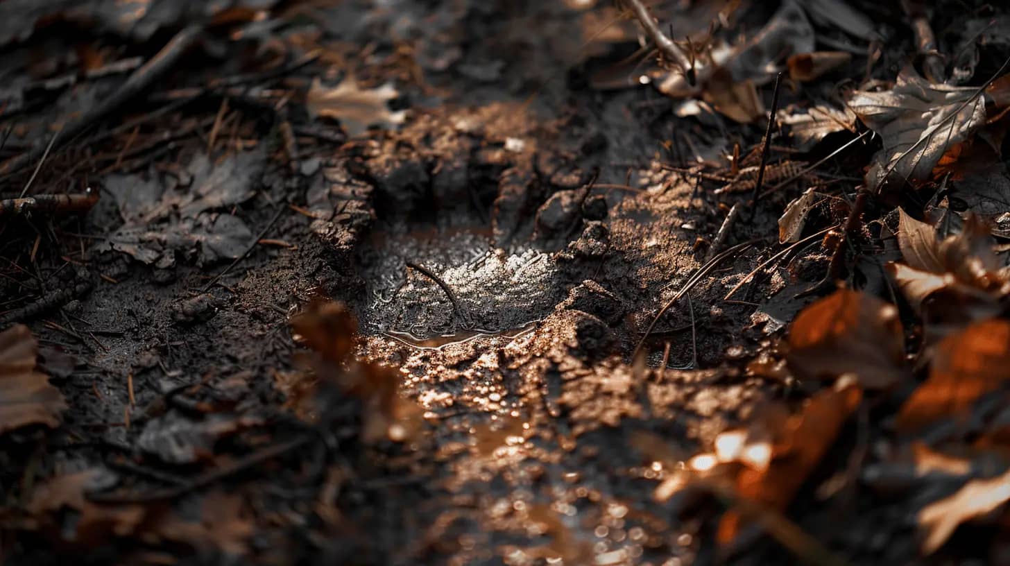 Close-up of a forest animal track in morning light.