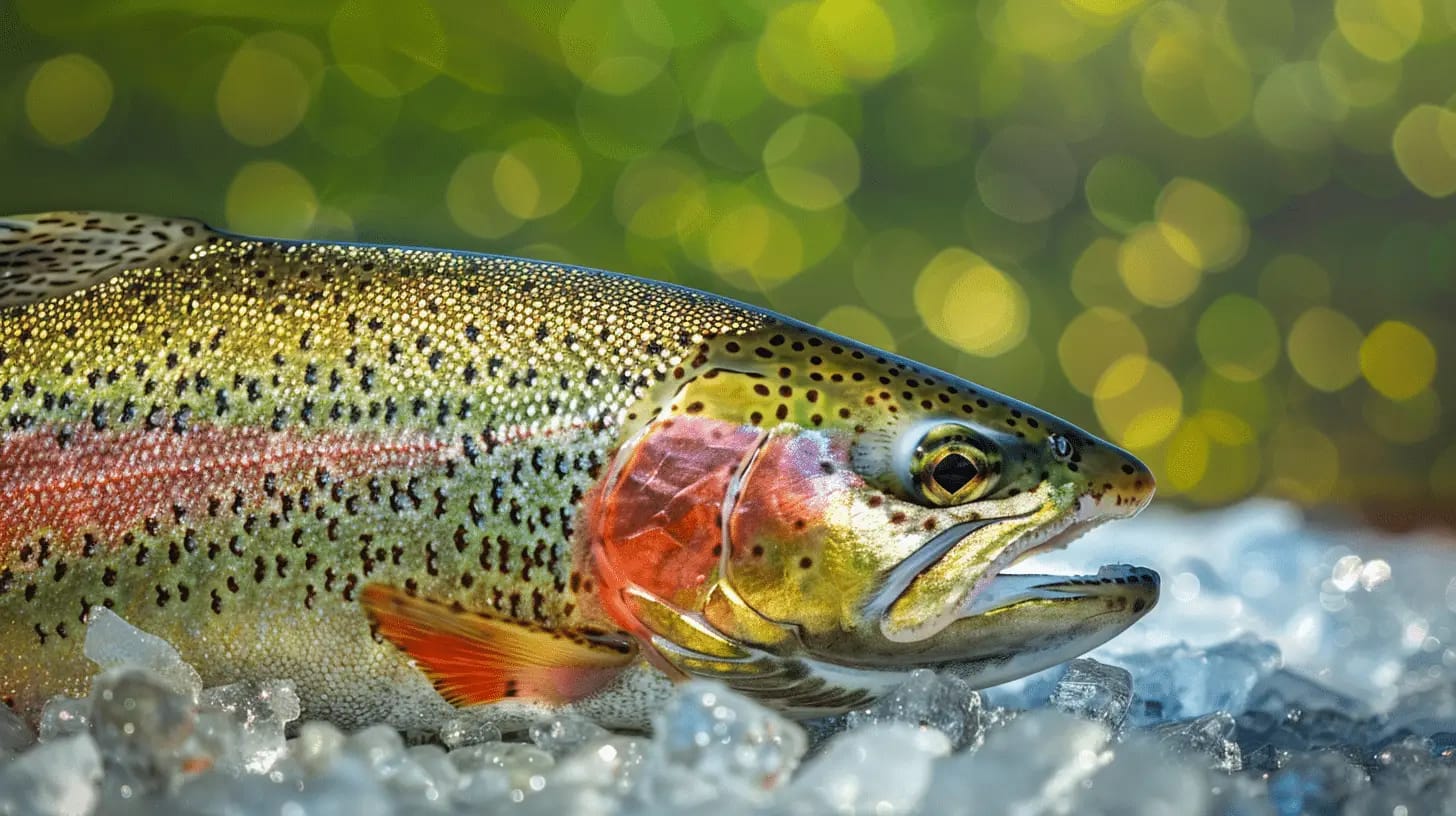 A fresh-caught rainbow trout resting on ice outdoors.