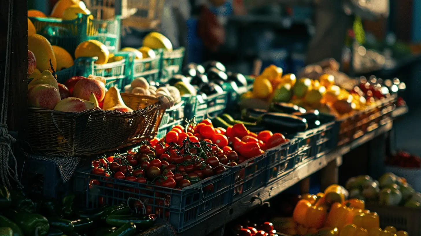 Fresh, colorful vegetables and fruits in morning light.