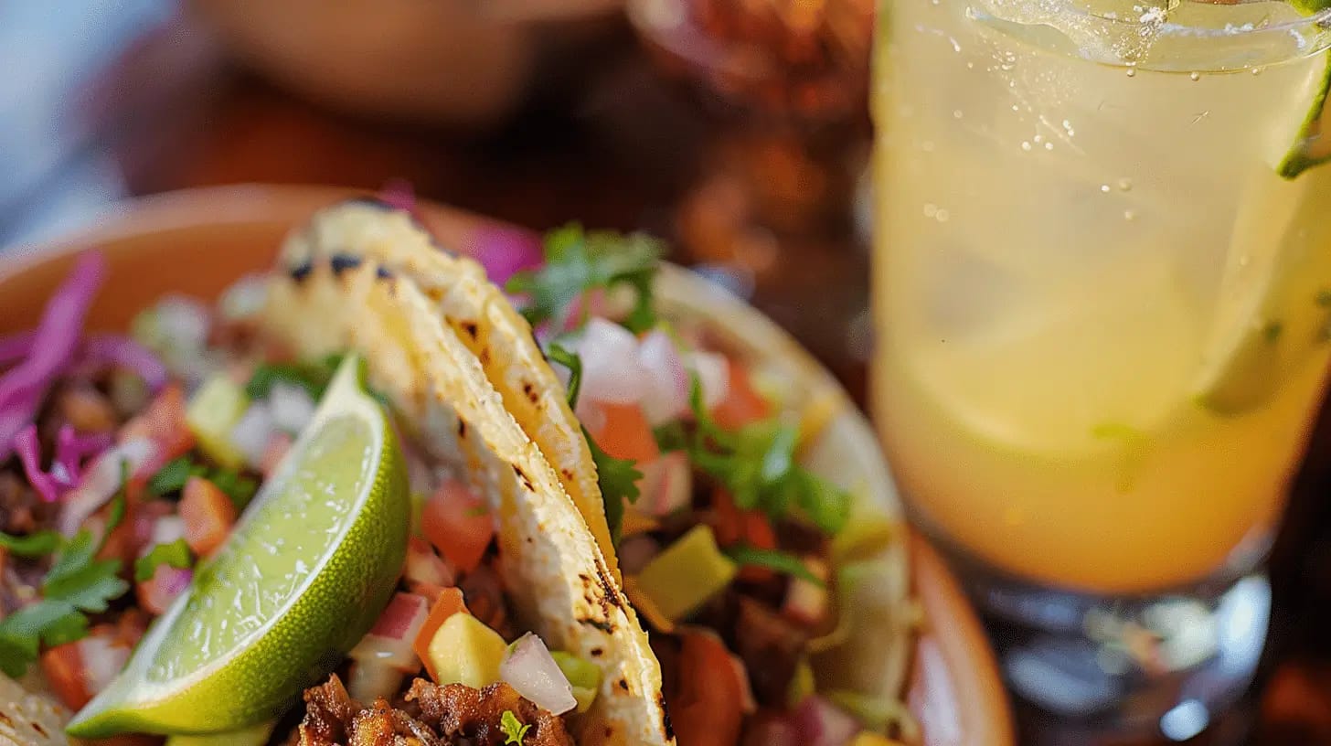 Fresh taco with vibrant garnishes.