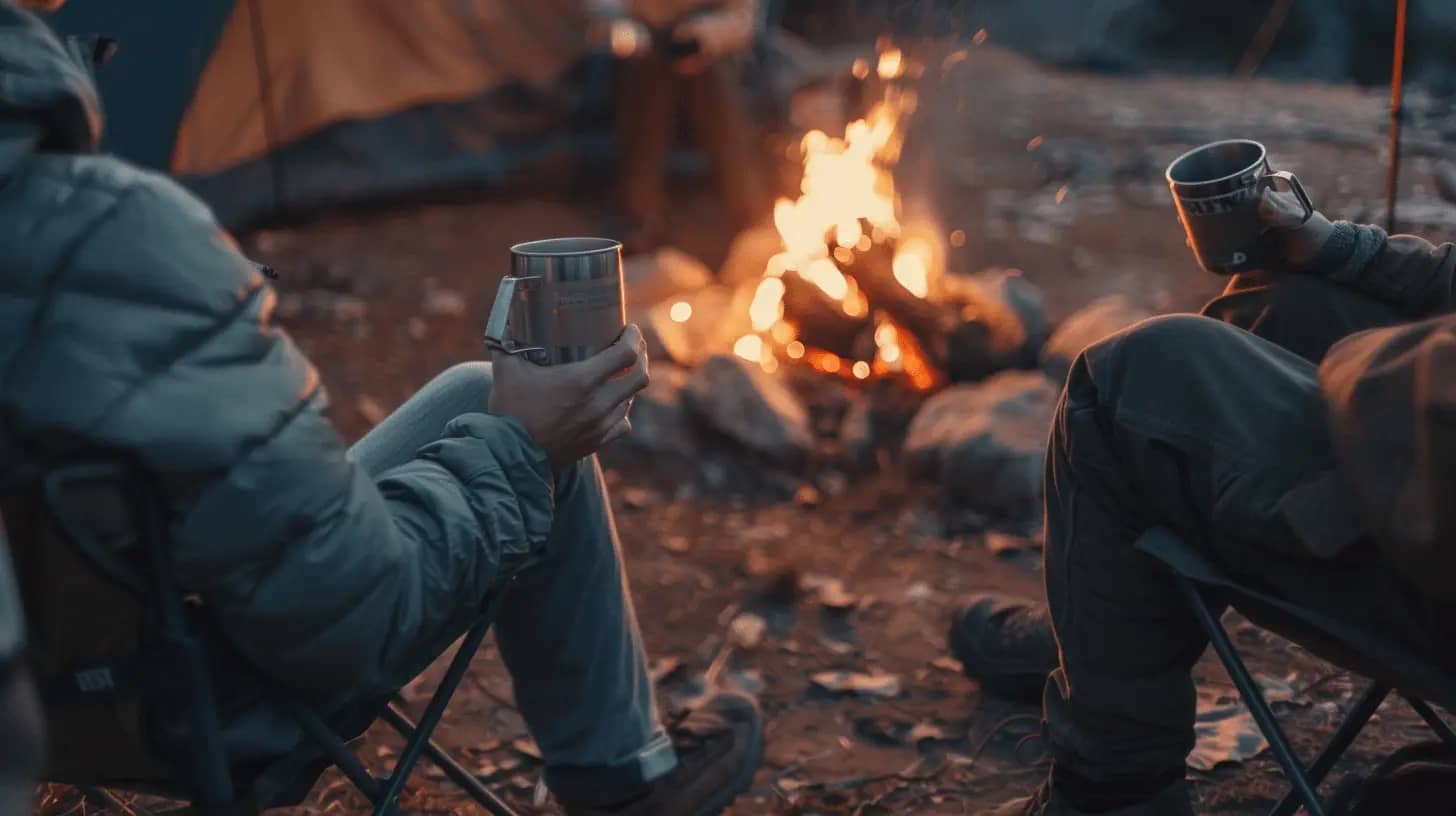 Friendly couple sitting by a campfire.