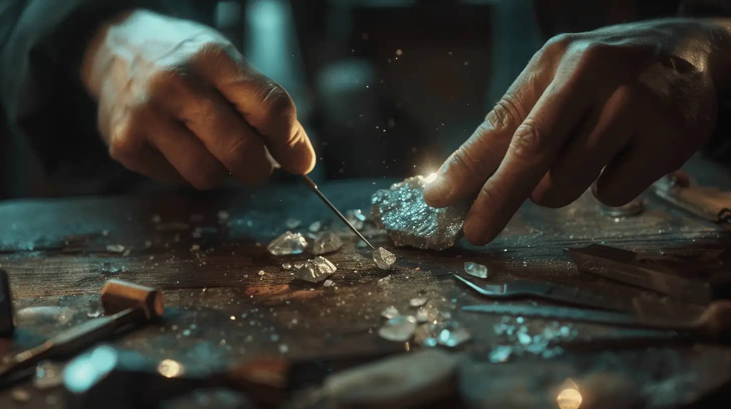 Close-up of gemstone polishing craftsmanship in a winter setting.