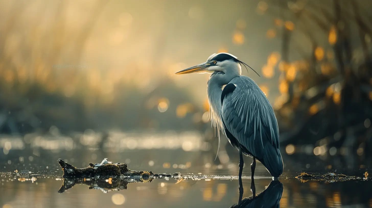 Graceful heron with reflections in soft lighting.