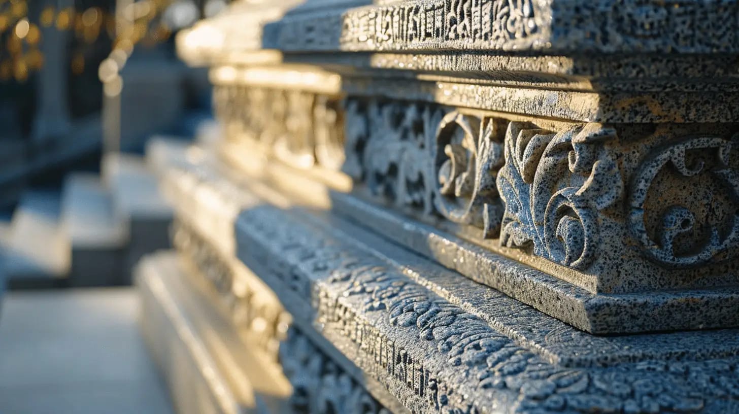 Granite sculpture with intricate carvings and sunlit details.