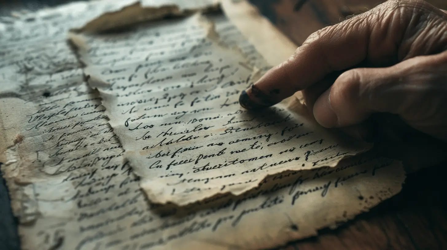 A close-up image of an aged, tattered manuscript with calligraphic handwriting. A person's hand with ink-stained fingers gently turns a fragile corner of the page, revealing partially readable cursive text. The scene evokes a sense of history and preservation.