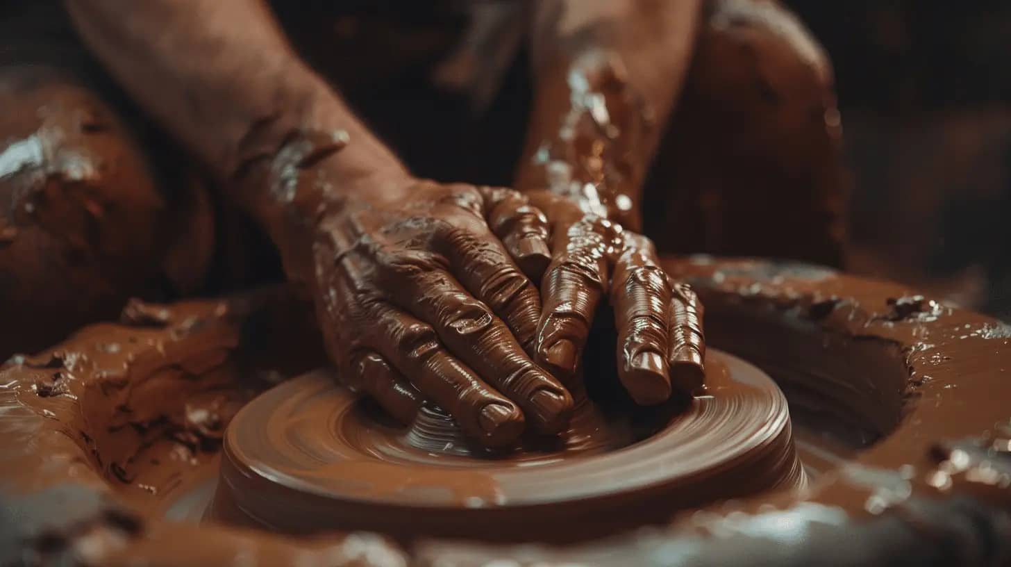 Hands shaping clay on a pottery wheel.
