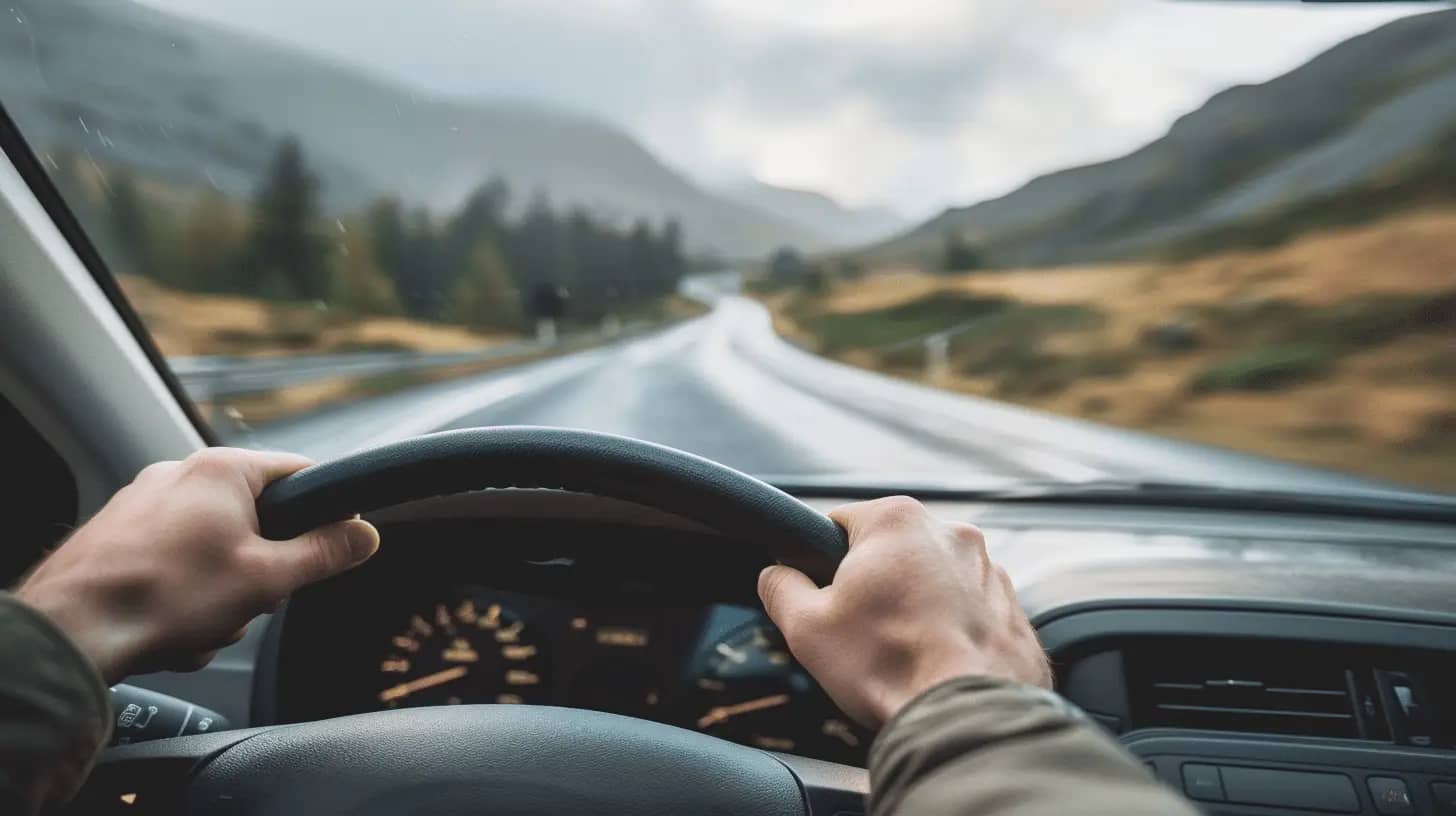 Hands steering a car along a winding road.