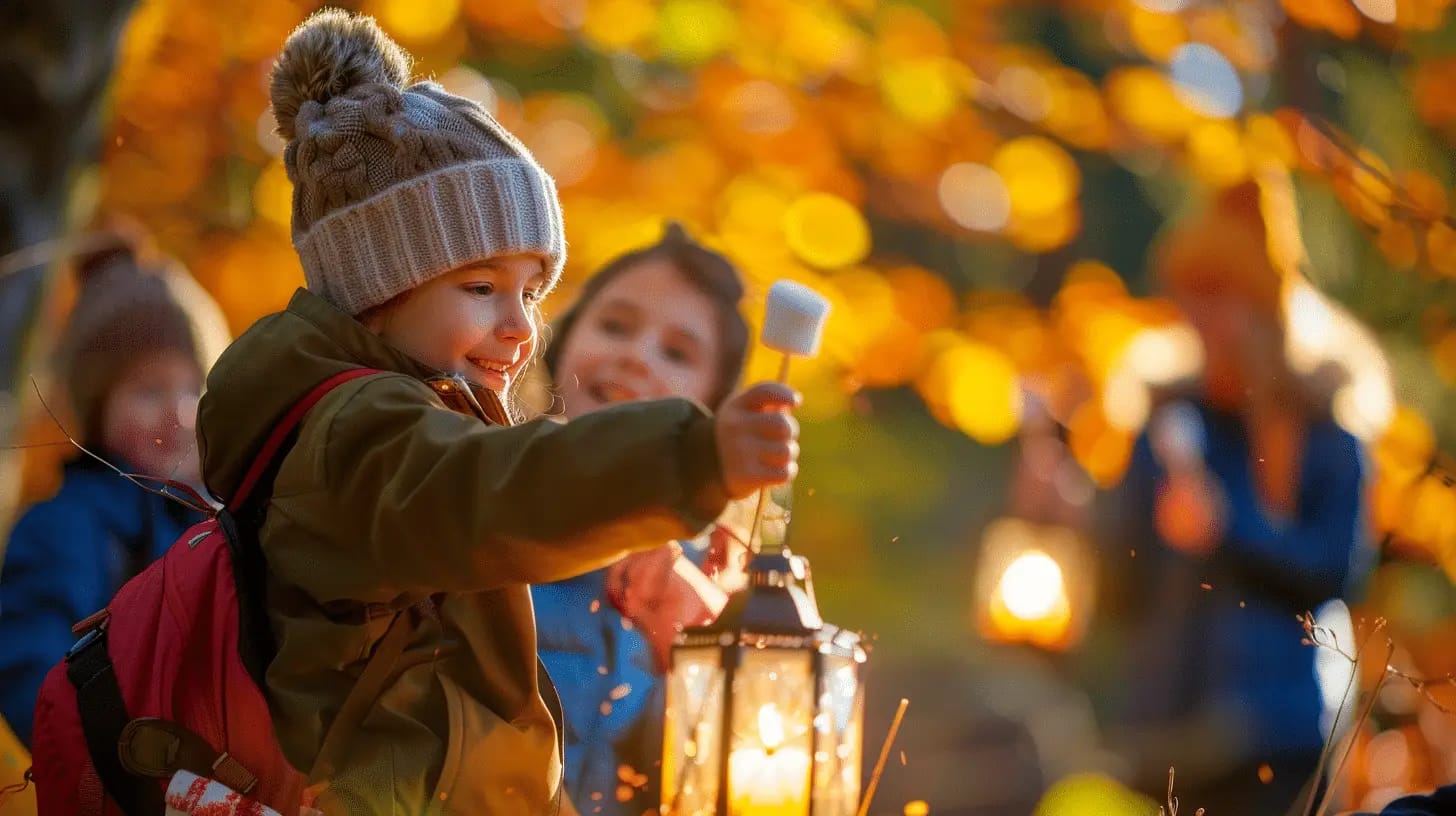 Children enjoying an autumn day outdoors, holding lanterns and roasting marshmallows. The scene is filled with warm, golden hues of fall foliage. The kids are dressed in cozy jackets and knitted hats, smiling and engaging in the seasonal activity.