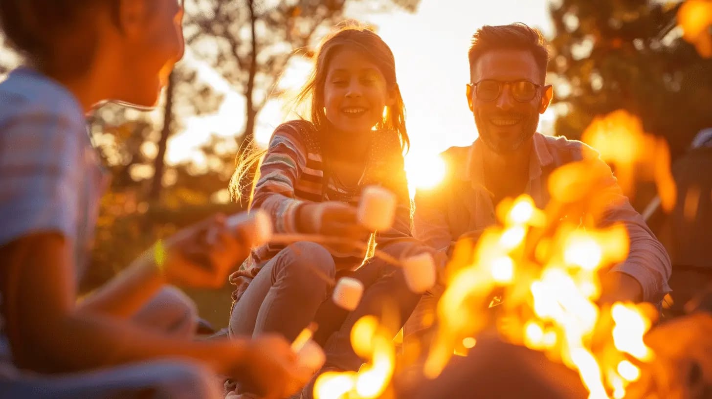 A group of people, including a man and two children, smile and roast marshmallows over a campfire. The sun sets in the background, casting a warm, golden light on the scene. The atmosphere is joyful and relaxed.