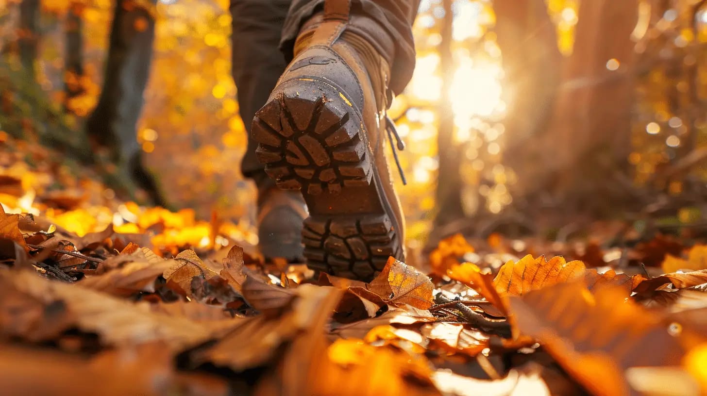 Low-angle view of hiker's boots on an autumn trail.