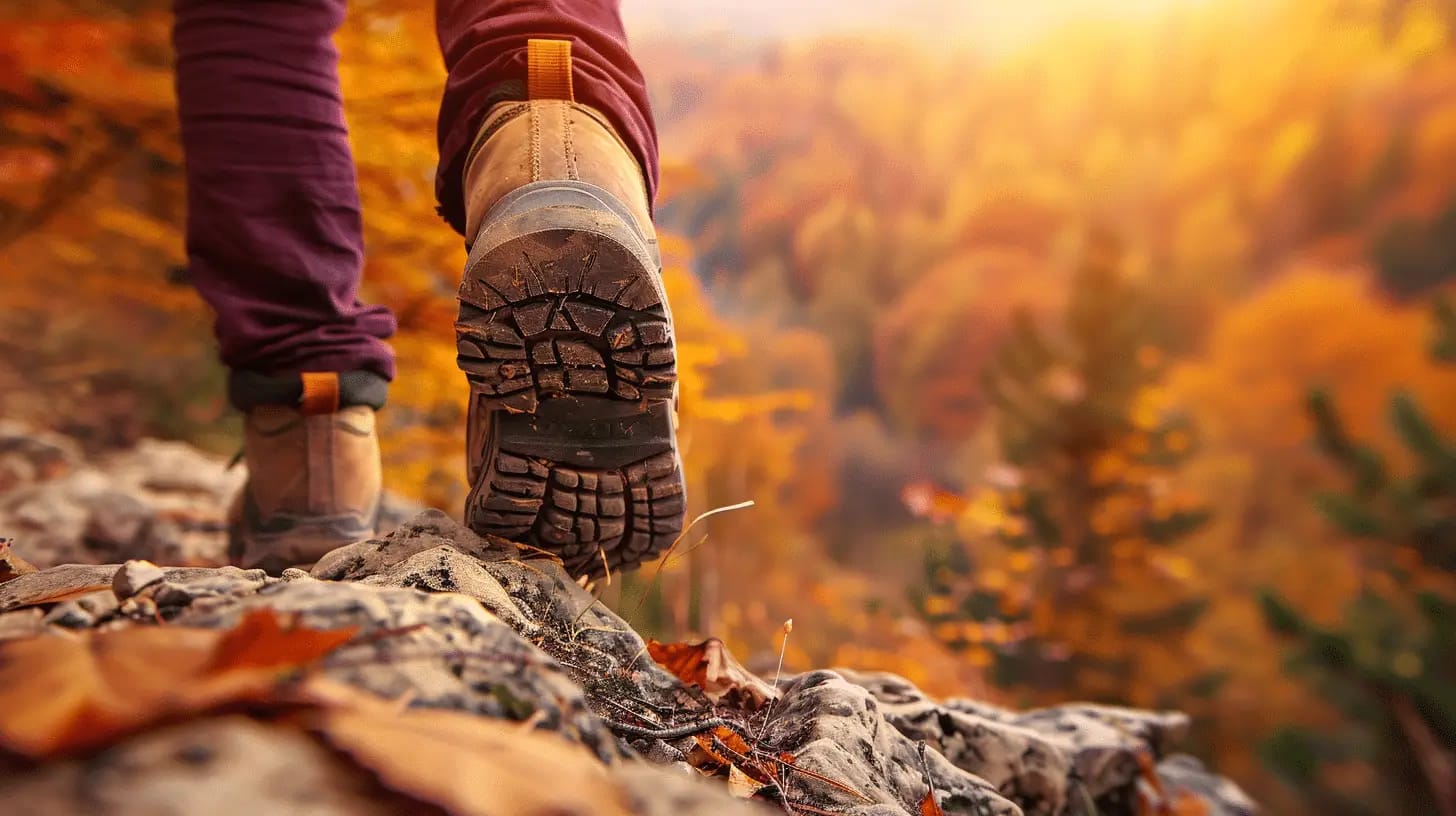 Hiker's boot on a rocky trail surrounded by autumn foliage.