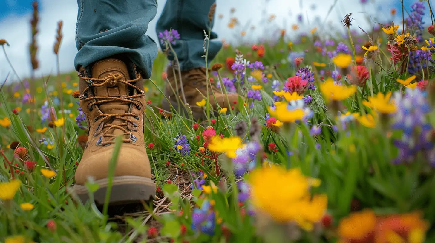 Hikers’ boots next to wildflowers on a trail.