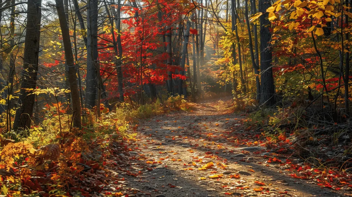 Sunlit hiking trail with lush greenery, showcasing nature's beauty.