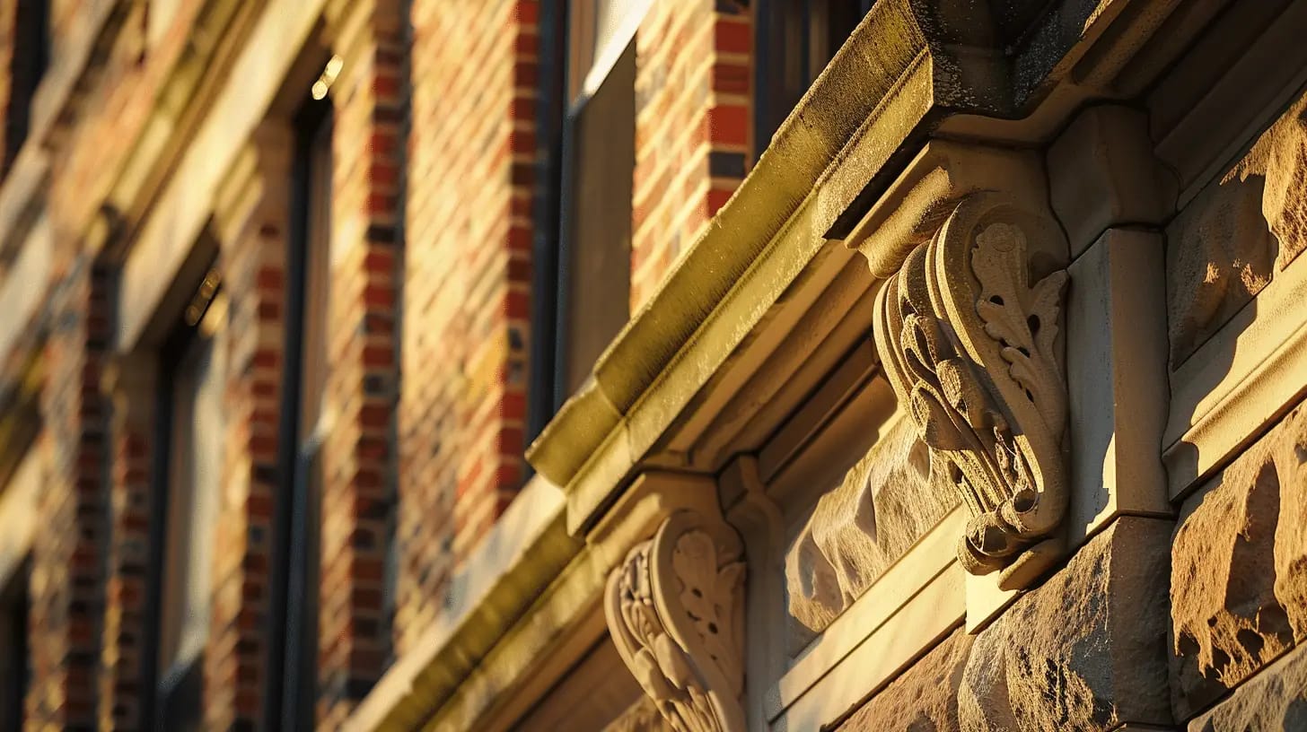 Closeup of a historic building with weathered bricks bathed in sunlight.